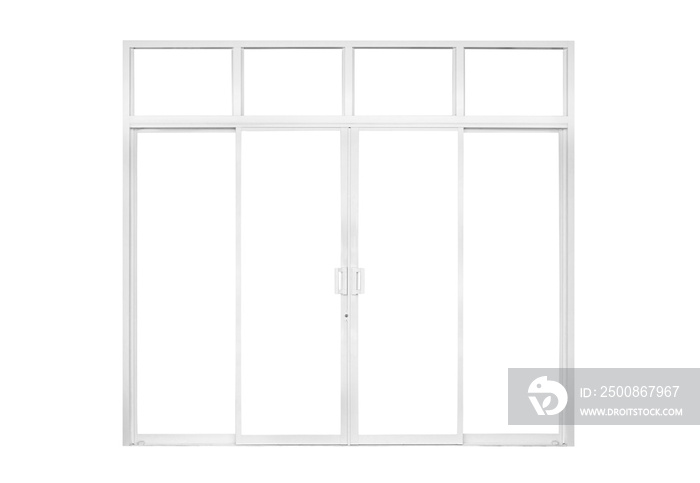 White modern double glass door window frame front store isolated on white background