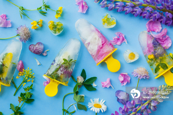 Floral Ice Pops. Frozen popsicles and ice cubes made of colorful wildflowers on blue background flat lay with fresh summer flowers. Hello summer concept. Refreshing vegan sweets