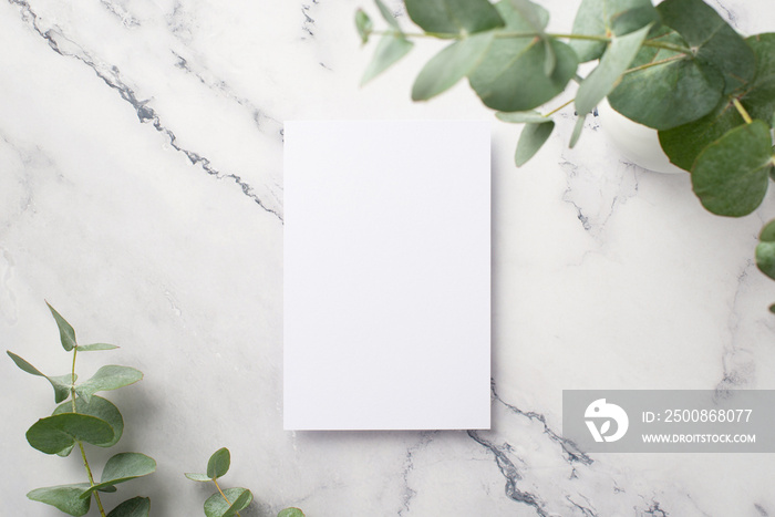 Top view photo of paper sheet and vase with eucalyptus on white marble background with empty space