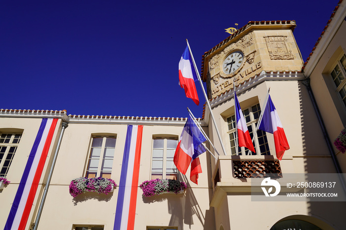 town Hall facade with hotel de ville text means in french city hall mayor in France