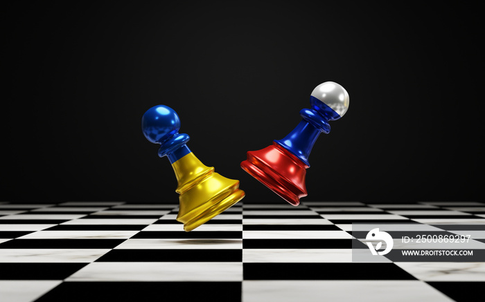 Chess fighting between Russia and Ukraine on chess board by 3d rendering technique.