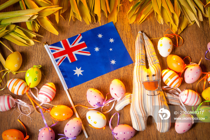 Easter in Australia. Rabbits keep the flag of Australia. The Feast of Easter. Eggs and rabbits.