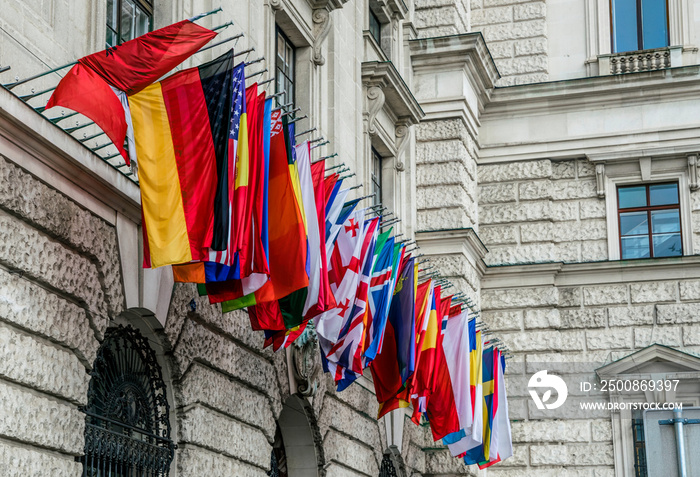 National flags of Europe on the facade of the OSCE building in Vienna, Austria