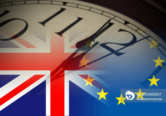 Brexit time, UK EU legal concept with clock and flags