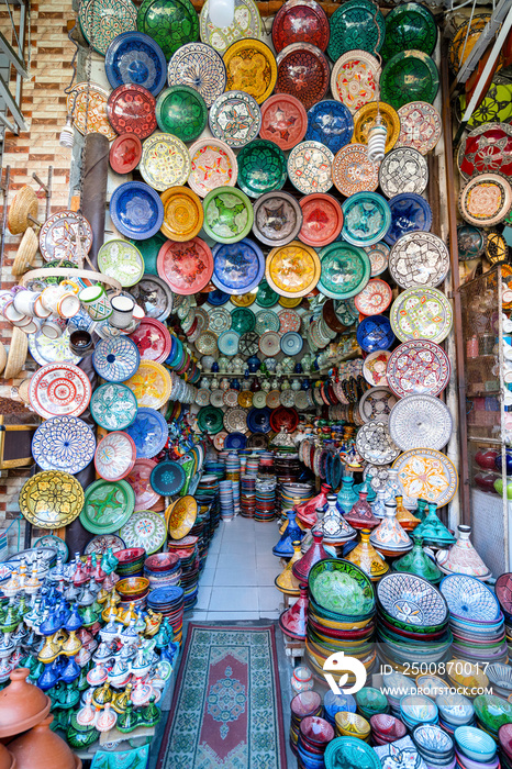 Colorful ceramic bowls sold in old town of Marrakech, Morocco