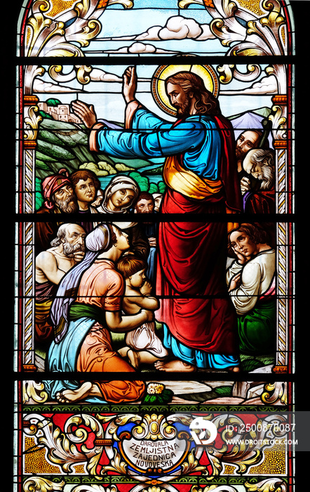 Sermon on the Mount, stained glass window in the Saint John the Baptist church in Zagreb, Croatia