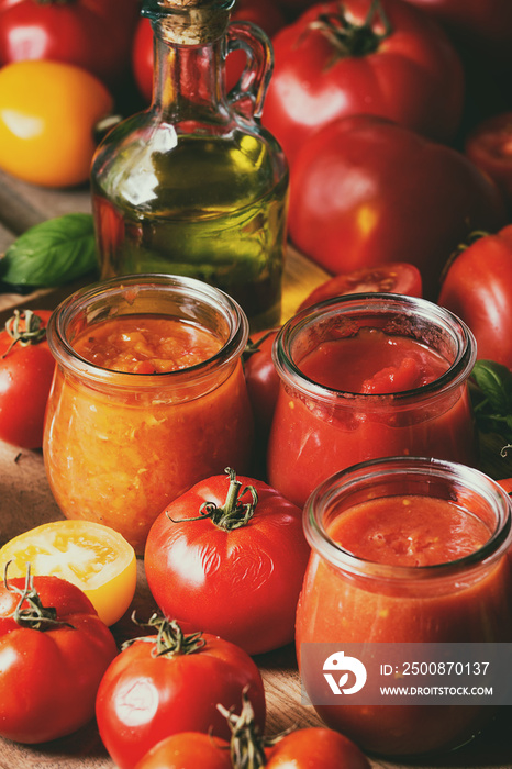 Variety of three homemade tomato sauces in glass jars with ingredients above. Different kinds of tomatoes, basil, olive oil, pepper, salt. Close up