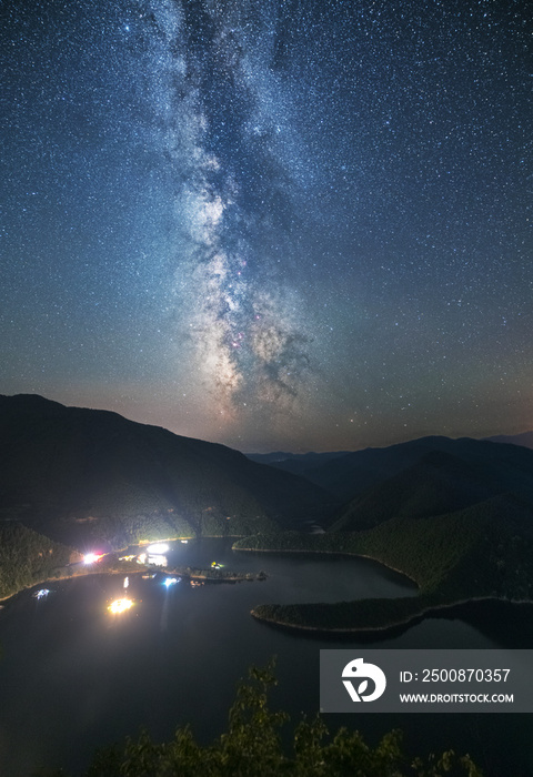Milky way over Vacha dam, Bulgaria.