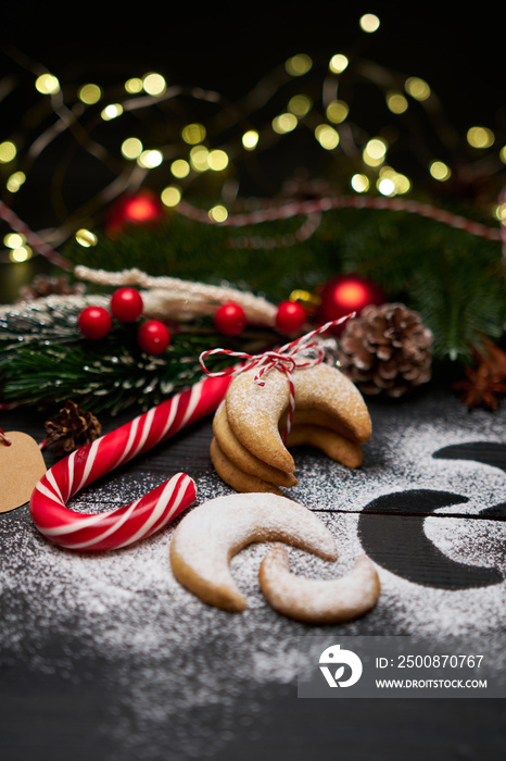 Rope tied pile of Traditional German or Austrian Vanillekipferl vanilla kipferl cookies