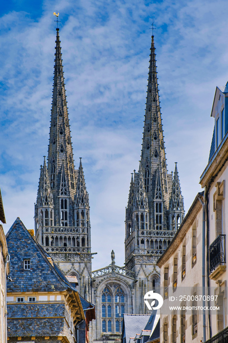 gothic cathedral of Quimper in Finistere Brittany beside old town houses