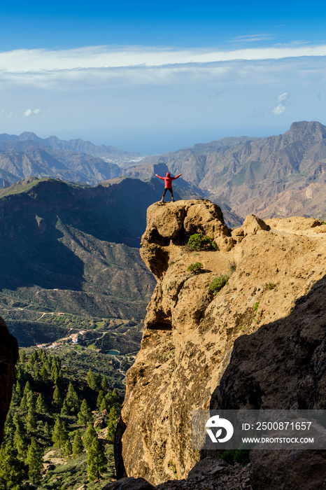 Amazing views and adventure from Roque Nublo rock, Roque Nublo Rural Park, Grand Canary, Canary Islands, Spain