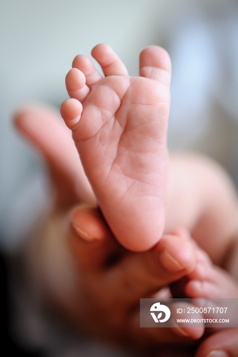 Close-up detail of mother holding cute and soft baby small leg in her hands. Macro abstract view of sweet baby foot fingers. Soft child skin feet. Love and family emotion