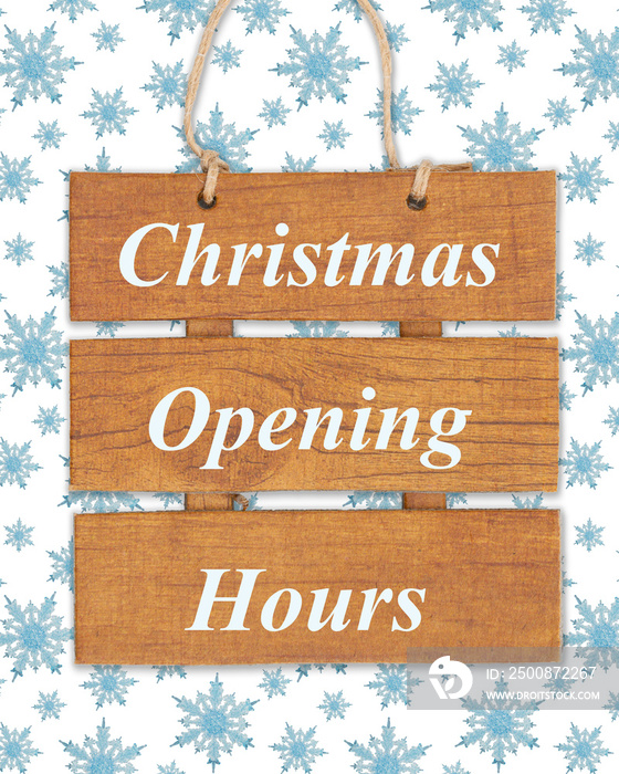 Christmas Opening Hours hanging wood with blue snowflakes