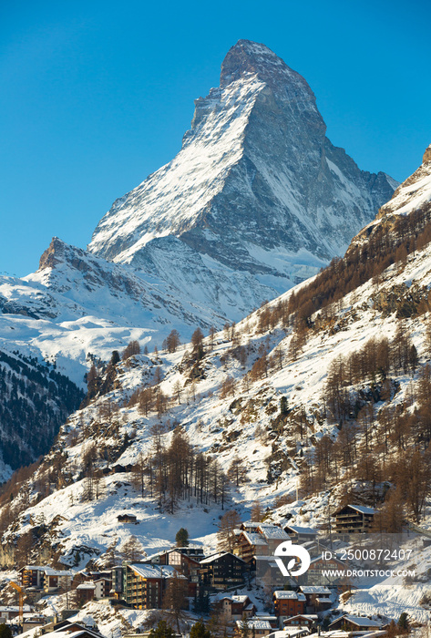 Snowing in Zermatt traditional Swiss ski resort under the Matterhorn