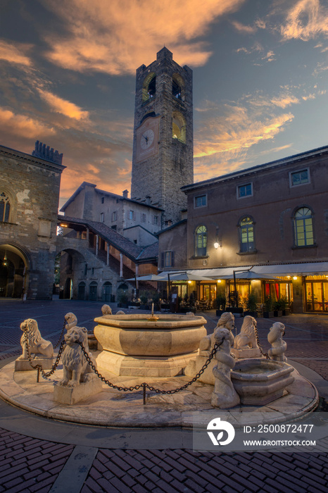 Fountain with tower in Piazza Vecchia in Bergamo