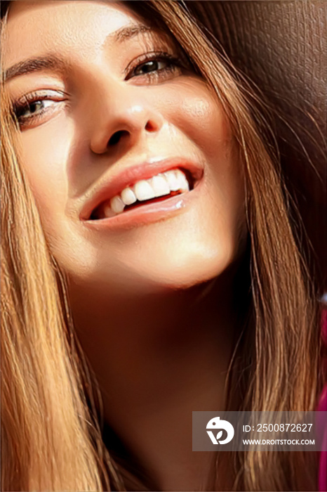 Fashion, travel and beauty face portrait of young woman, happy smiling model wearing beach sun hat in summer, head accessory and style