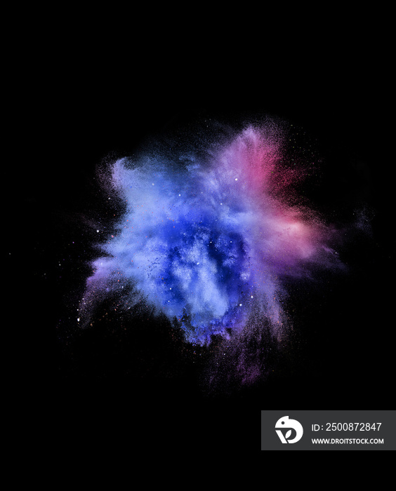 Explosion of colored, fluid and neoned powder on black studio background with copyspace