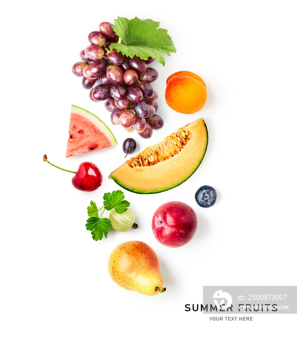 Summer fruits creative layout on white background.