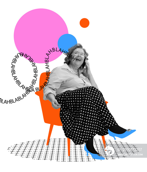 Contemporary art collage. Happy senior woman sitting on armchair and talking on phone isolated over abstract background.