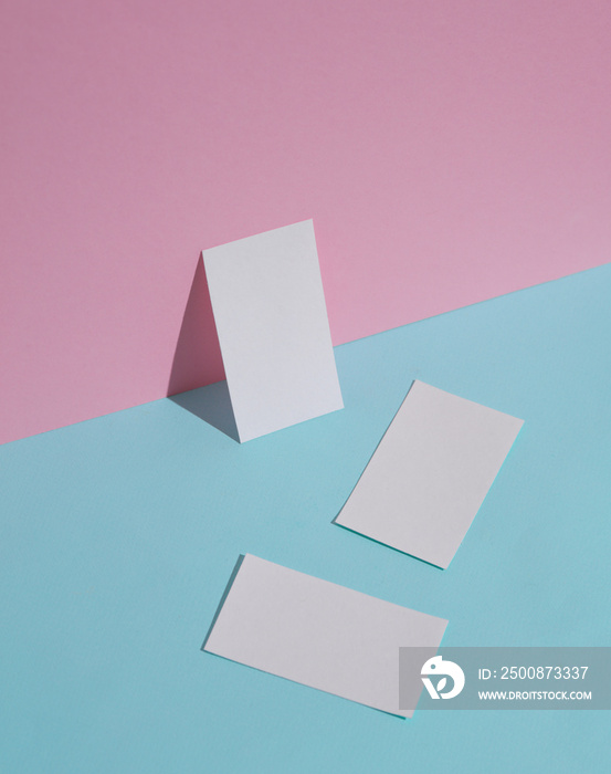 White blank business cards on a blue-pink pastel background. Creative minimal layout. Corporate identity