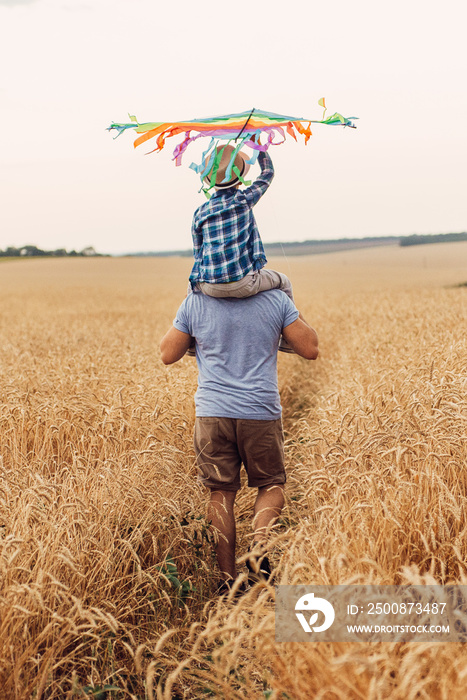 Happy father and son flying kite in the field at sunset