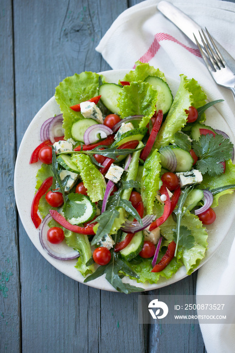 A salad of fresh vegetables and blue cheese on a plate