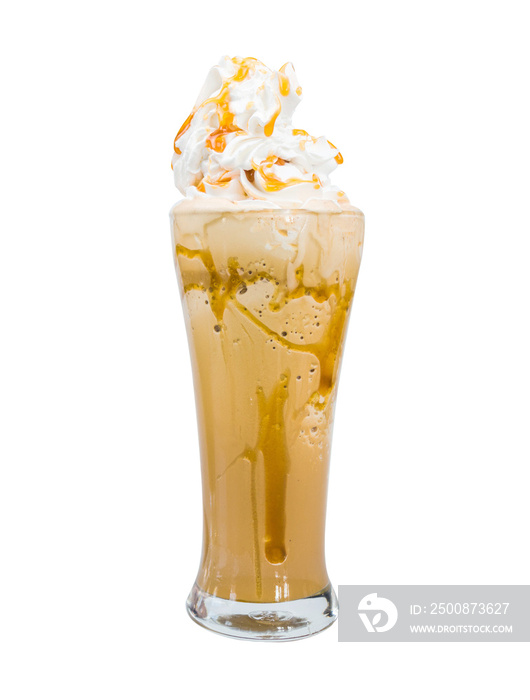 Caramel milk smoothie with cream in cup. Healthy drink to refresh and cool down.