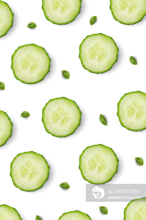 Food pattern background - cucumber, basil leaves