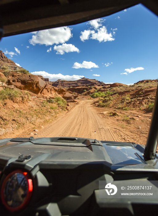 View from the inside of the off road vehicle White Rim Road Utah trails straight ahead