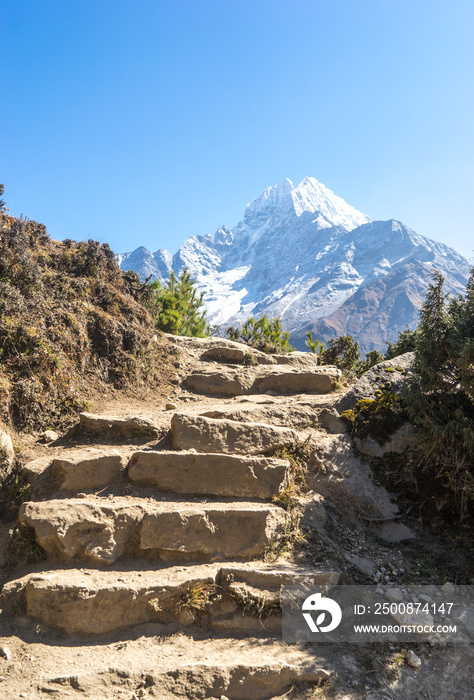 landscape in the himalayas, Everest Base Camp trek, Ama Dablam peak, trekking in Nepal, steps on the trek