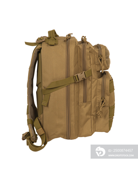 Modern tactical backpack with zippers and additional pockets. Large secure bag. Isolate on a white background.