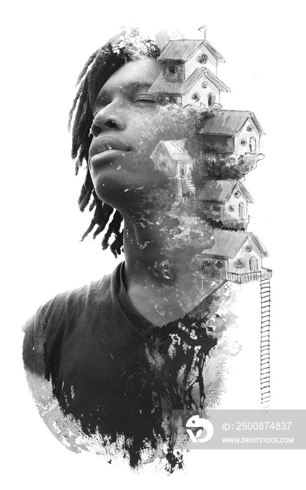 Paintography. Double exposure portrait of African man combined with hand drawn artistic surreal painting of houses in the sky, black and white