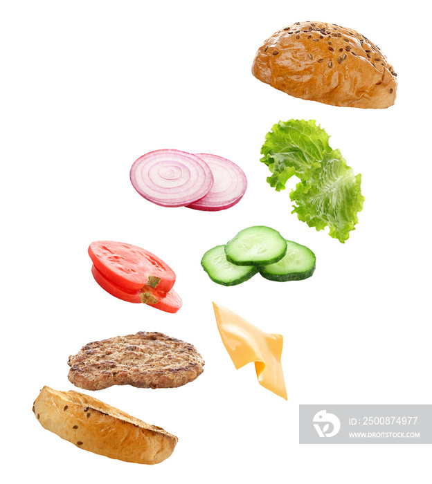 Floating ingredients for delicious burger on white background