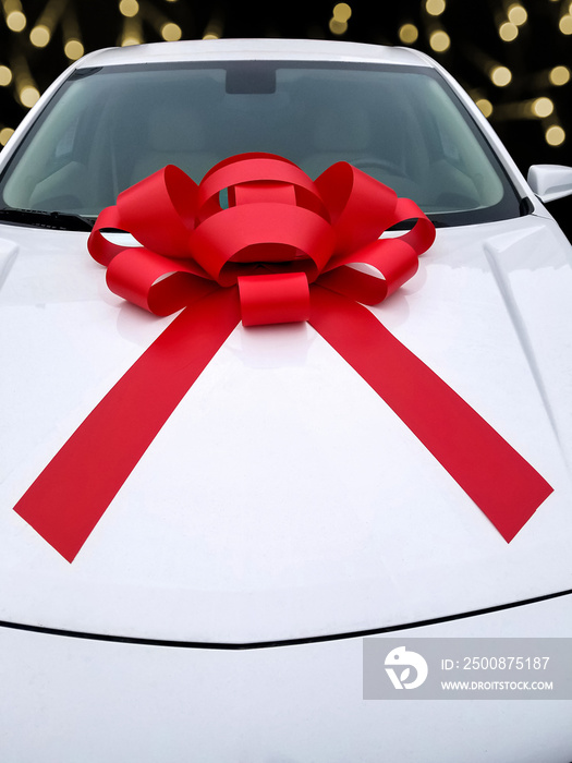 bright red Christmas bow on new white car hood