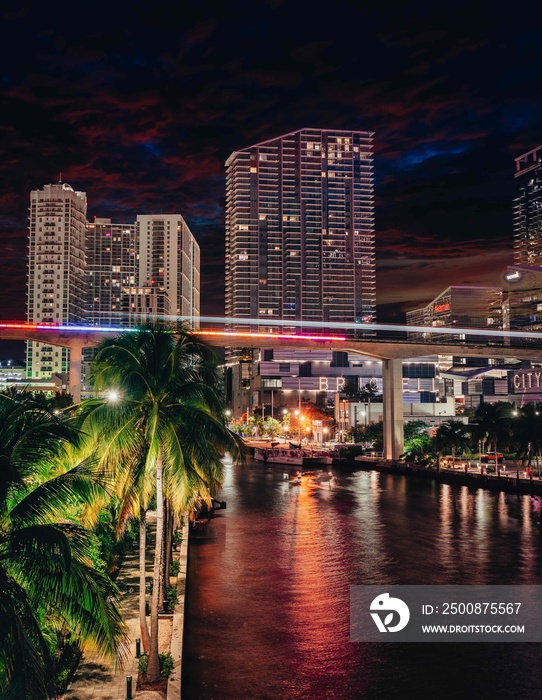 country skyline at night Brickell downtown Miami Florida river lights beautiful buildings palms