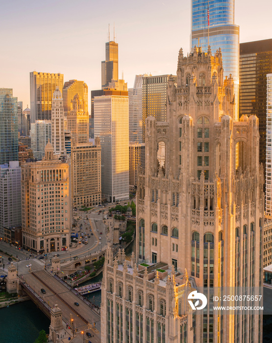 Aerial View of Chicago Loop at Sunset