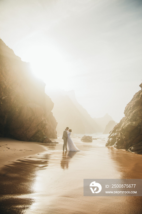 A rear view of a beautiful couple on the beach in wedding dress