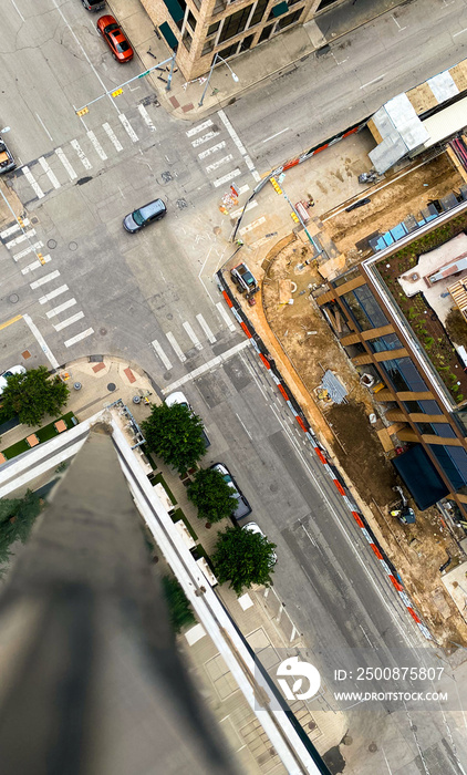 Top down view of construction and vehicle on the road in an Austin, Texas.