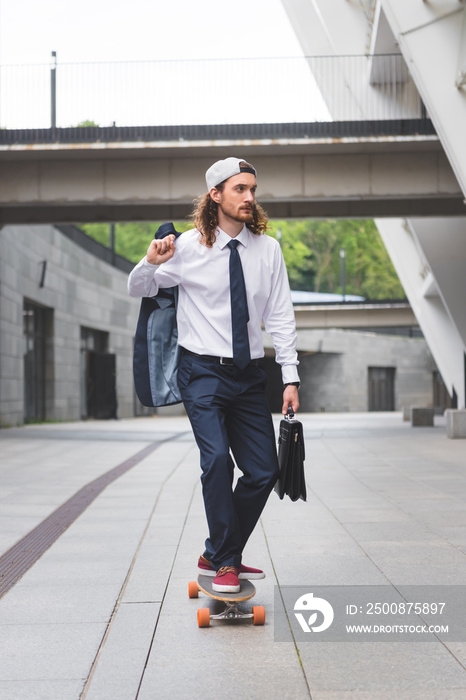 calm businessman with briefcase in hand riding on skateboard at street, looking away