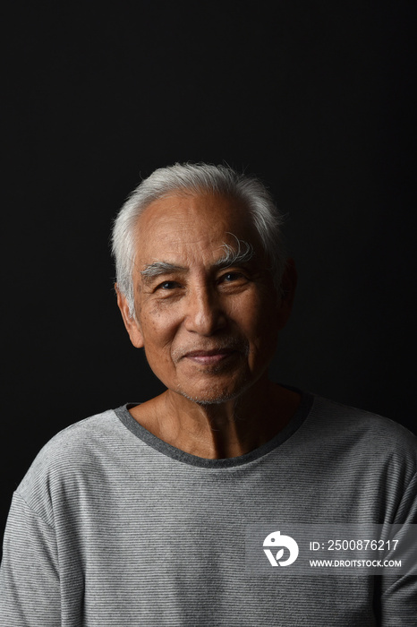 Senior asian old man, Confident and smiling elderly people on black background, Happy retiree citizen concept.