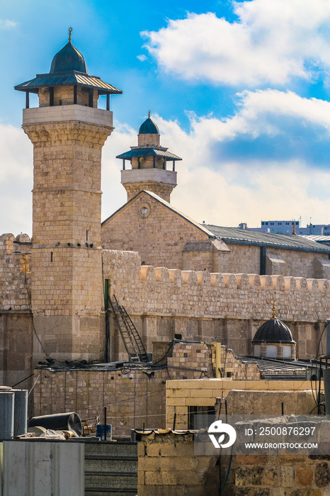Close Zoom of Ibrahimi Mosque minaret in Hebron, West Bank, Palestine or Cave of the Patriarchs