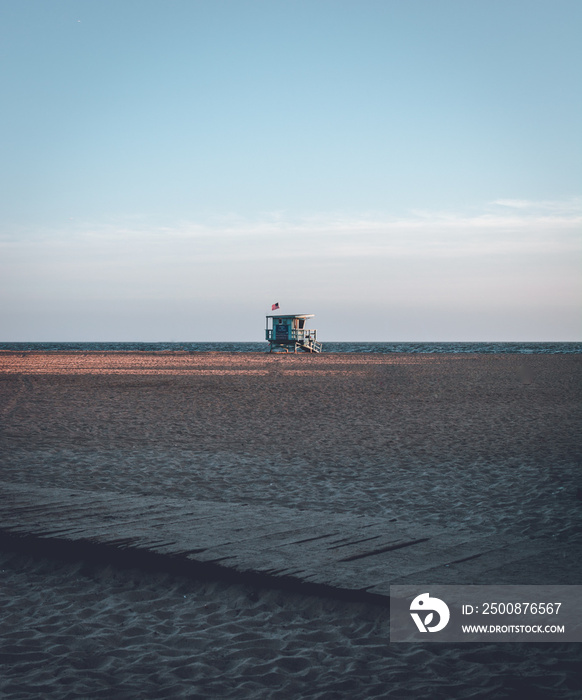 lifeguard station tower on beach at Santa Monica Los Angeles during dusk