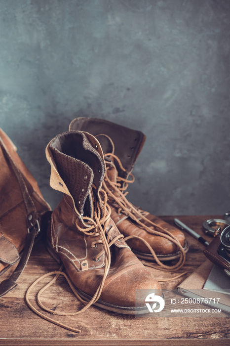 old travel vintage boots shoes and leather bag