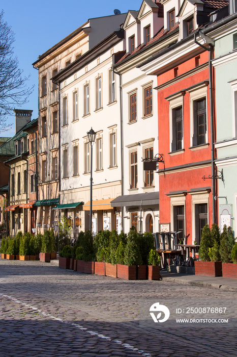 View on Szeroka Street on Jewish quarter Kazimierz, a deserted city due to the coronavirus epidemic, Krakow, Poland