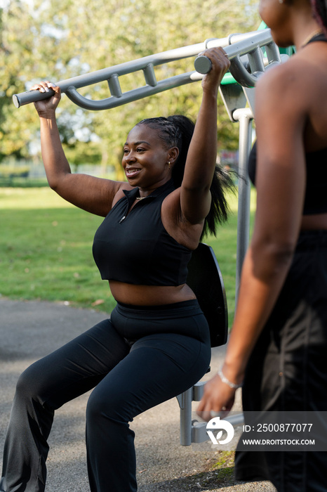 Young women exercising in outdoor gym