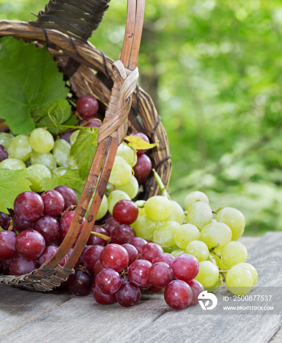 Red and Green Grapes on a Rustic Wooden Table