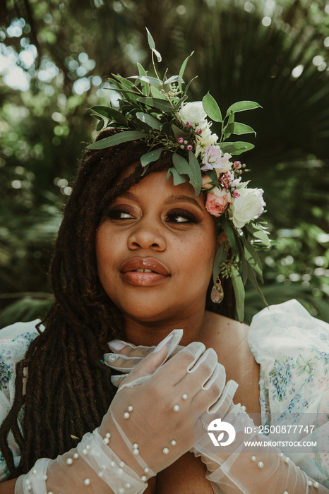 closeup portrait of a plus size black woman wearing a flower crown looking to the side