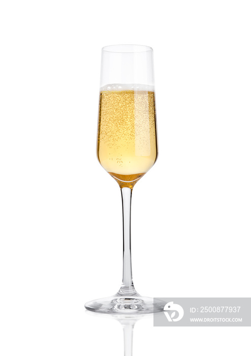 Glass of champagne with bubbles on white