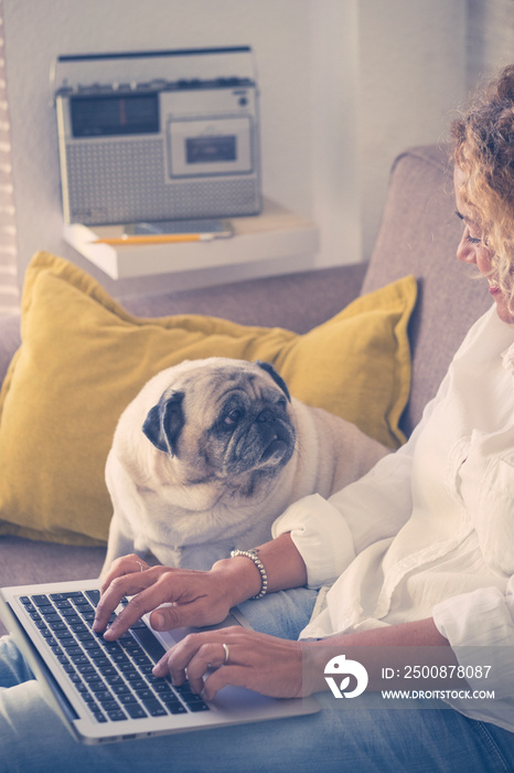 Young woman with dog working on laptop sitting on sofa at home. Woman working from home next to pet pug dog. Woman looking at cute pug while typing on laptop at home office with radio in background