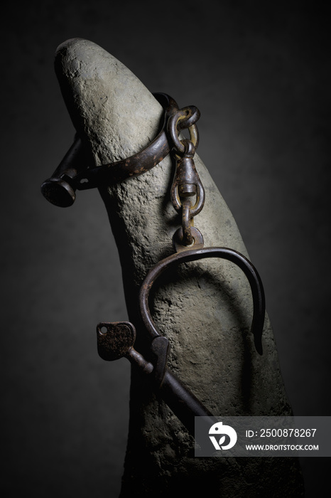 Rhinoceros horn with handcuffs close-up representing the species in danger of being extinct